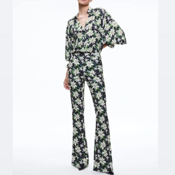 Alice + Olivia Julius Collared Blouse & Olivia Bootcut Pant in Leaf Green - Picture 2 of 8